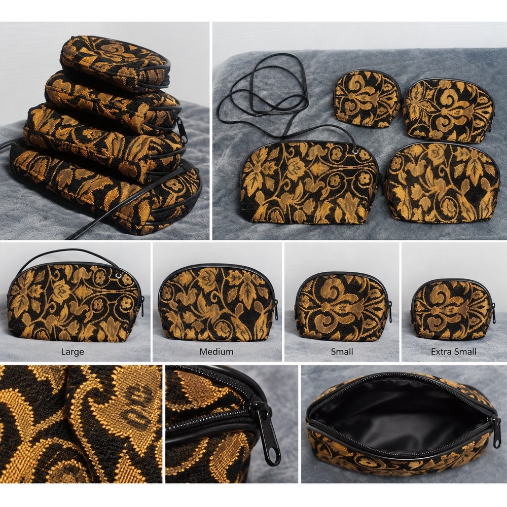 Vintage Gold Floral Damask Tapestry Pouch Set 4pc Black Nesting Bags Zippered